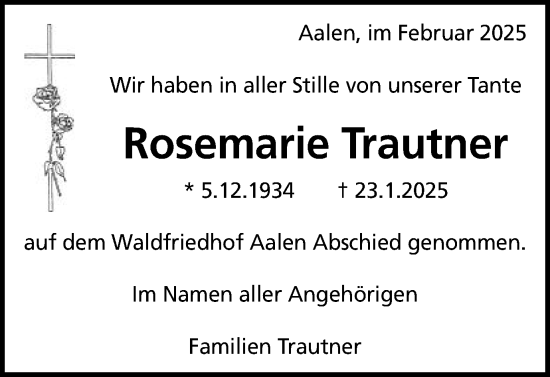 Traueranzeige von Rosemarie Trautner von Schwäbische Post