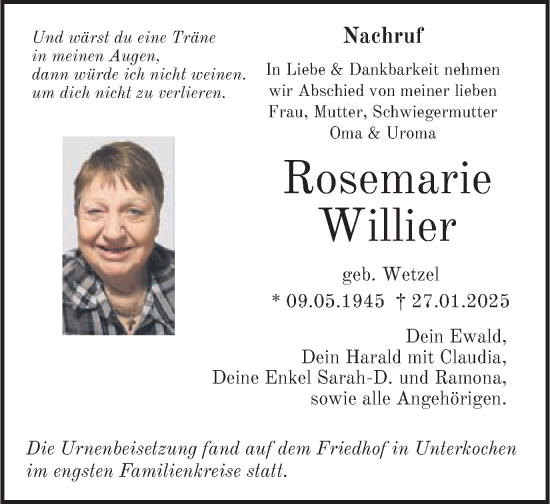 Traueranzeige von Rosemarie Willier von Schwäbische Post