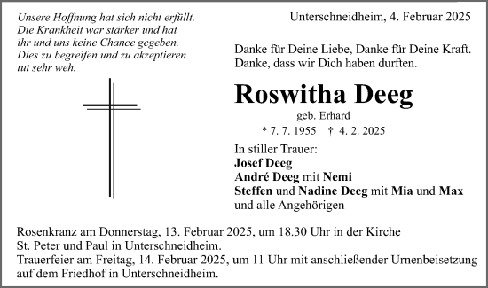 Traueranzeige von Roswitha Deeg von Schwäbische Post