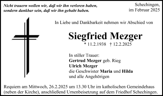 Traueranzeige von Siegfried Mezger von Gmünder Tagespost