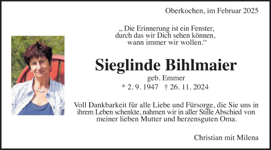 Traueranzeige von Sieglinde Bihlmaier von Schwäbische Post