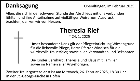 Traueranzeige von Theresia Rief von Schwäbische Post