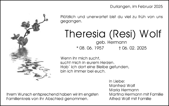 Traueranzeige von Theresia Wolf von Gmünder Tagespost