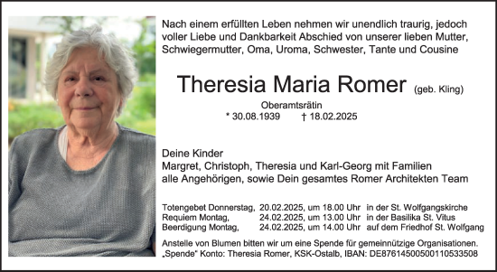 Traueranzeige von Theresia Maria Romer von Schwäbische Post