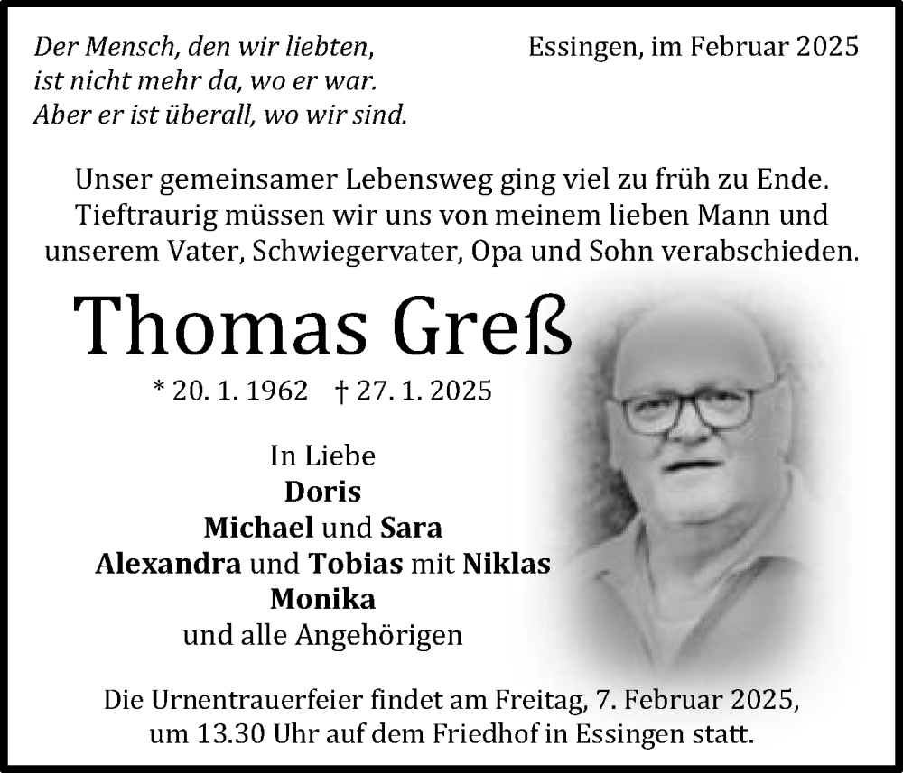  Traueranzeige für Thomas Greß vom 03.02.2025 aus Schwäbische Post