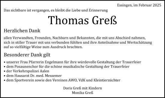 Traueranzeige von Thomas Greß von Schwäbische Post
