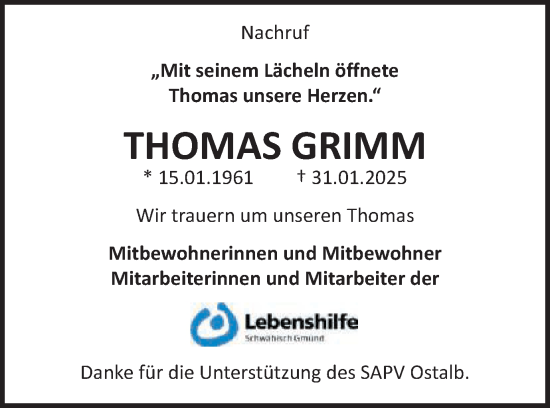 Traueranzeige von Thomas Grimm von Gmünder Tagespost