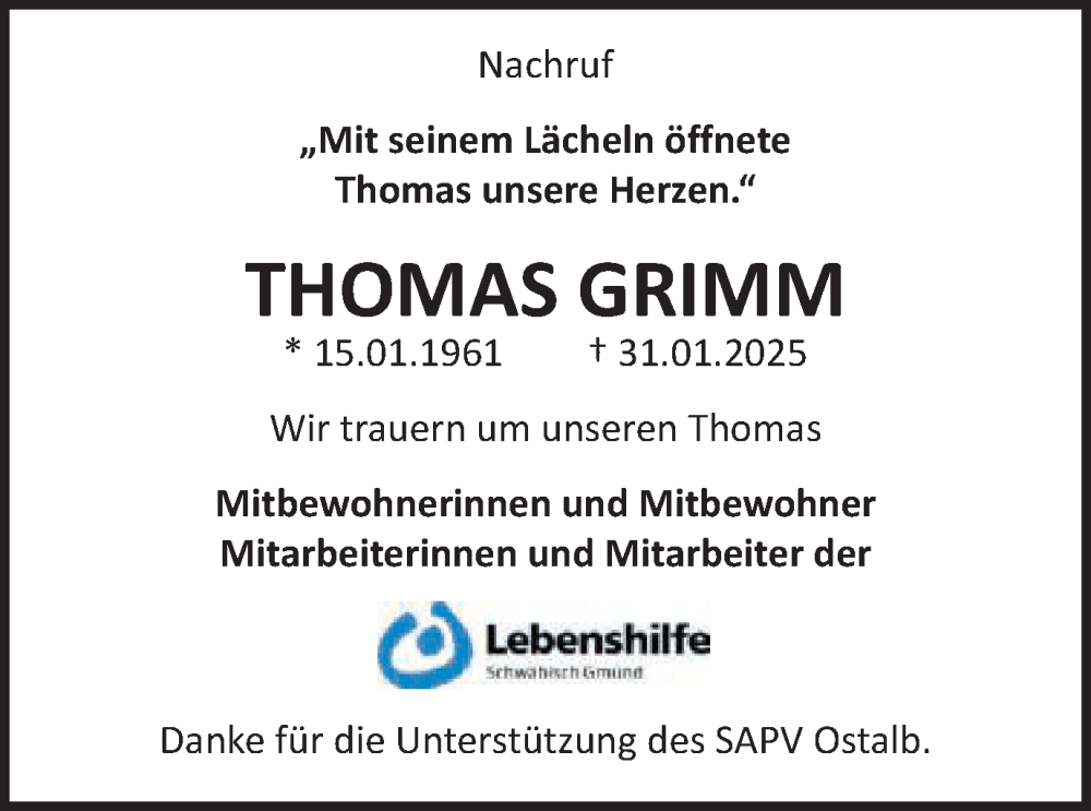  Traueranzeige für Thomas Grimm vom 15.02.2025 aus Gmünder Tagespost