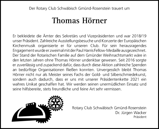 Traueranzeige von Thomas Hörner von Gmünder Tagespost