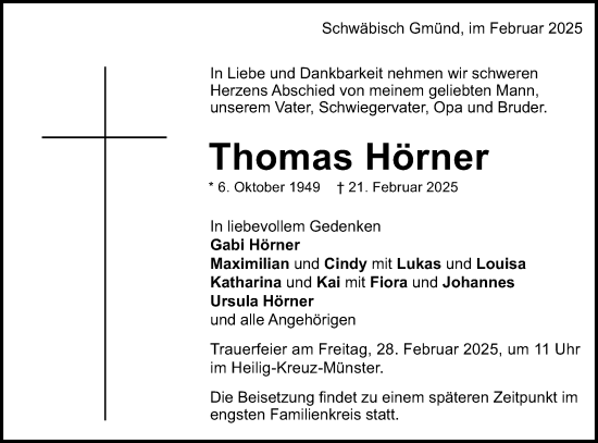 Traueranzeige von Thomas Hörner von Gmünder Tagespost