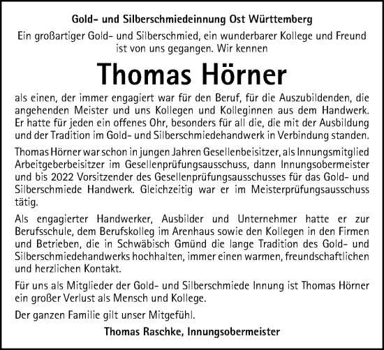 Traueranzeige von Thomas Hörner von Gmünder Tagespost
