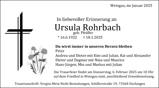 Traueranzeige von Ursula Rohrbach von Gmünder Tagespost