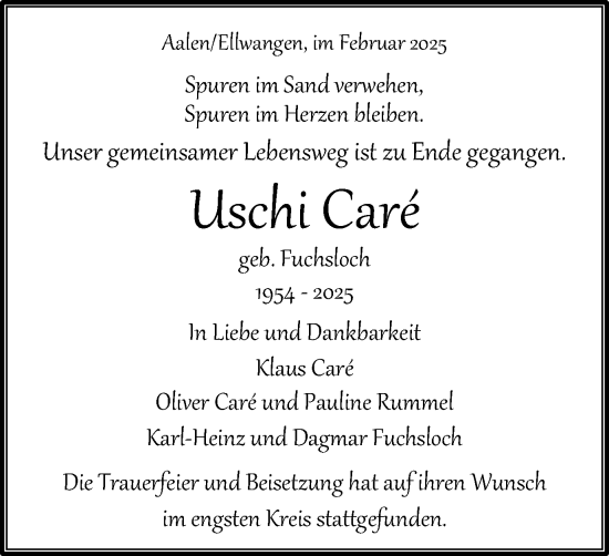 Traueranzeige von Uschi Caré von Schwäbische Post
