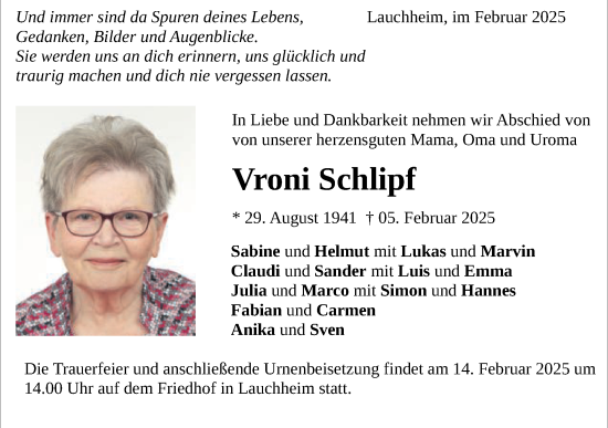 Traueranzeige von Vroni Schlipf von Schwäbische Post