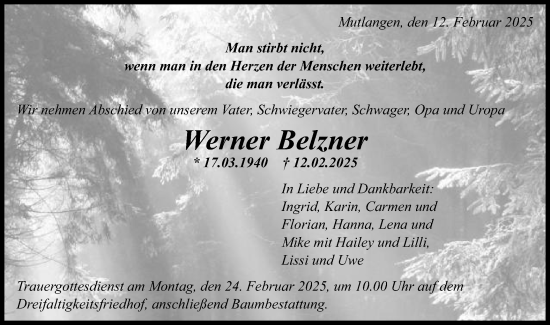 Traueranzeige von Werner Belzner von Gmünder Tagespost