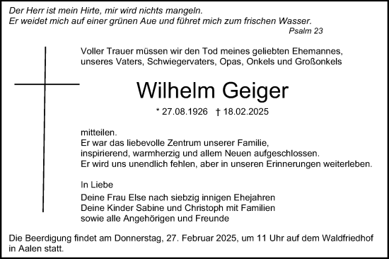 Traueranzeige von Wilhelm Geiger von Schwäbische Post