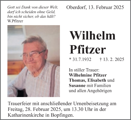 Traueranzeige von Wilhelm Pfitzer von Schwäbische Post