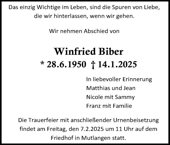 Traueranzeige von Winfried Biber von Gmünder Tagespost