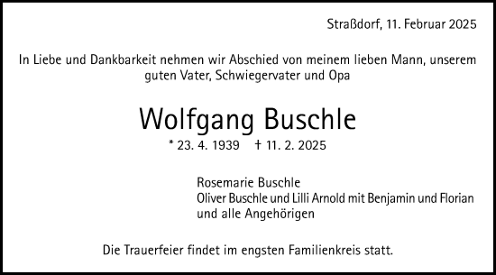 Traueranzeige von Wolfgang Buschle von Gmünder Tagespost