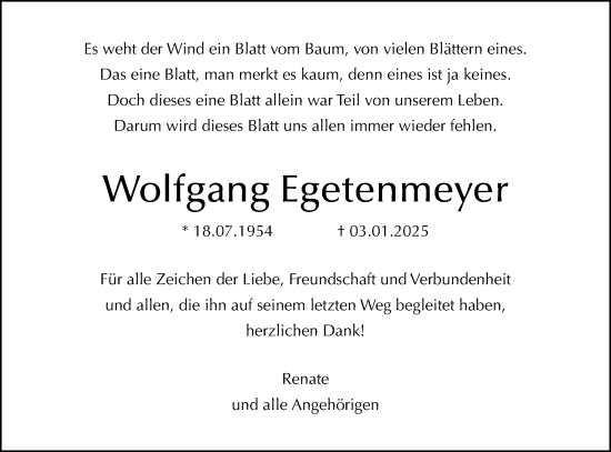 Traueranzeige von Wolfgang Egetenmeyer von Schwäbische Post