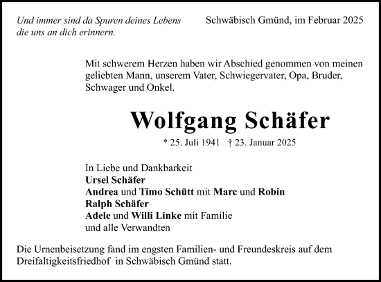 Traueranzeige von Wolfgang Schäfer von Gmünder Tagespost