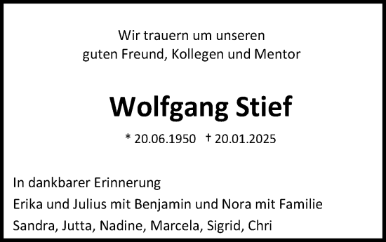 Traueranzeige von Wolfgang Stief von Gmünder Tagespost