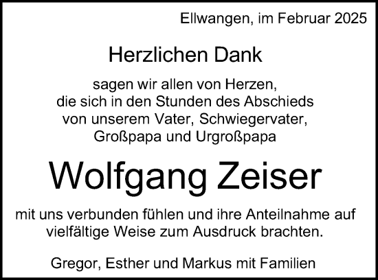 Traueranzeige von Wolfgang Zeiser von Schwäbische Post