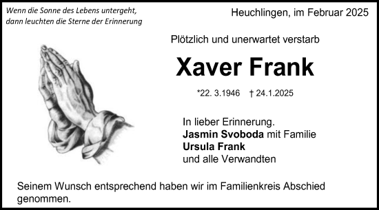 Traueranzeige von Xaver Frank von Gmünder Tagespost
