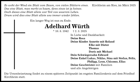 Traueranzeige von Adelhard Würth von Schwäbische Post