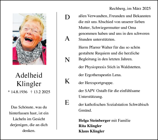 Traueranzeige von Adelheid Klingler von Gmünder Tagespost