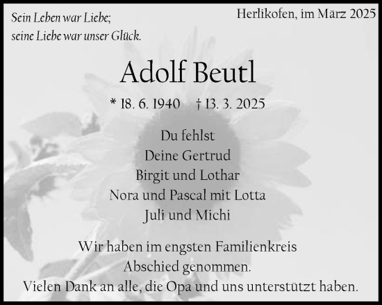 Traueranzeige von Adolf Beutl von Gmünder Tagespost