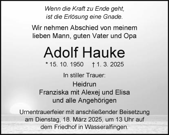 Traueranzeige von Adolf Hauke von Schwäbische Post
