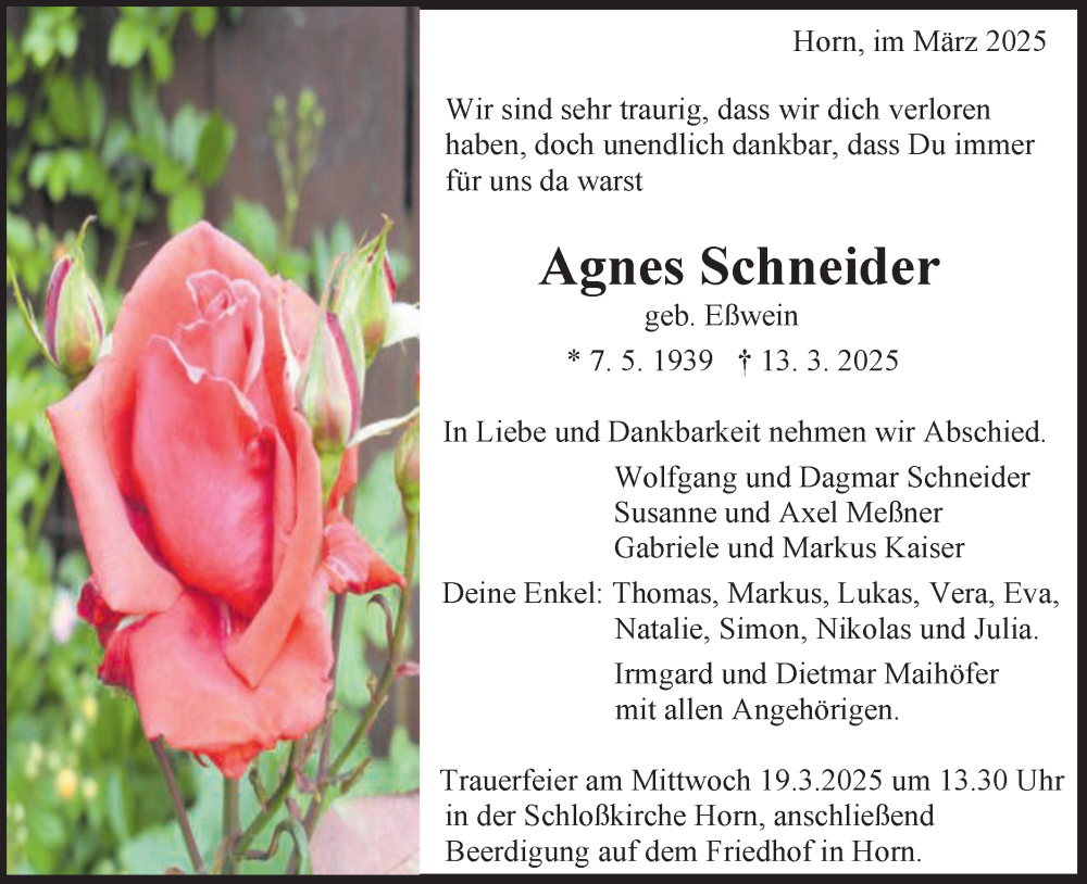  Traueranzeige für Agnes Schneider vom 17.03.2025 aus Gmünder Tagespost