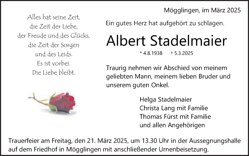  Traueranzeige für Albert Stadelmaier vom 18.03.2025 aus Gmünder Tagespost