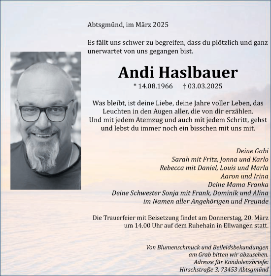 Traueranzeige von Andi Haslbauer von Schwäbische Post
