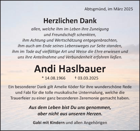 Traueranzeige von Andi Haslbauer von Schwäbische Post
