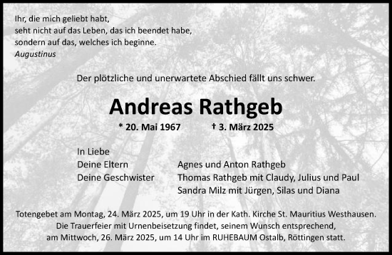 Traueranzeige von Andreas Rathgeb von Schwäbische Post