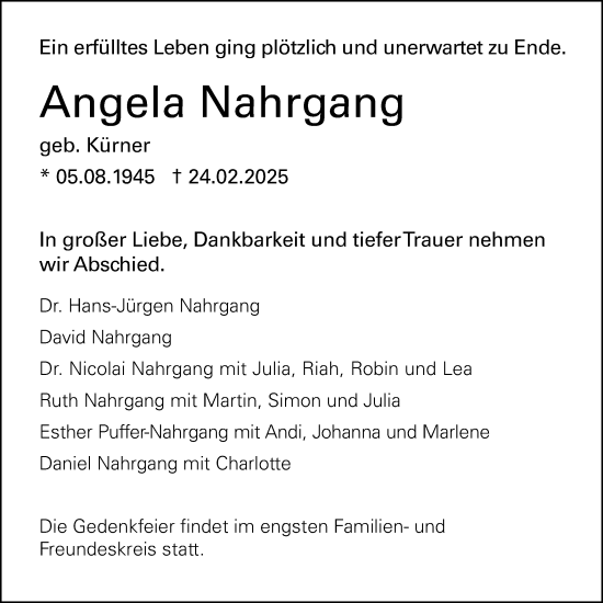 Traueranzeige von Angela Nahrgang von Gmünder Tagespost