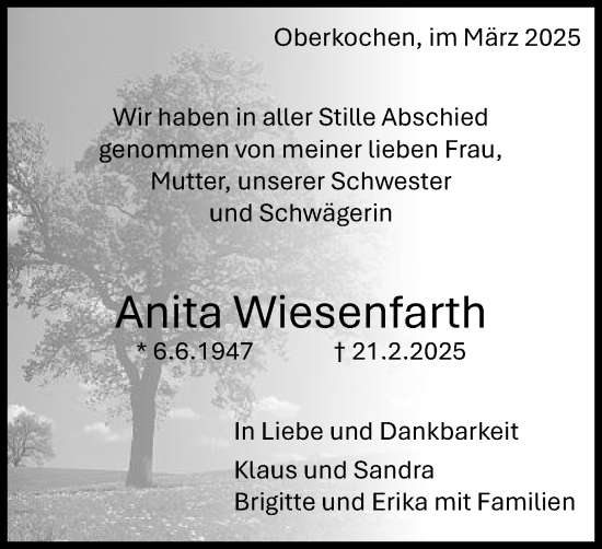 Traueranzeige von Anita Wiesenfarth von Schwäbische Post