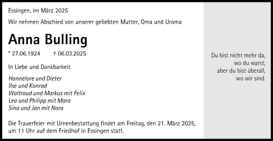 Traueranzeige von Anna Bulling von Schwäbische Post