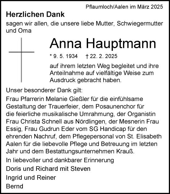 Traueranzeige von Anna Hauptmann von Schwäbische Post