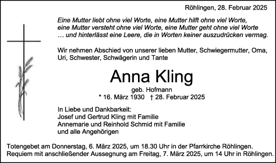 Traueranzeige von Anna Kling von Schwäbische Post