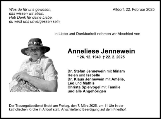 Traueranzeige von Anneliese Jennewein von Gmünder Tagespost