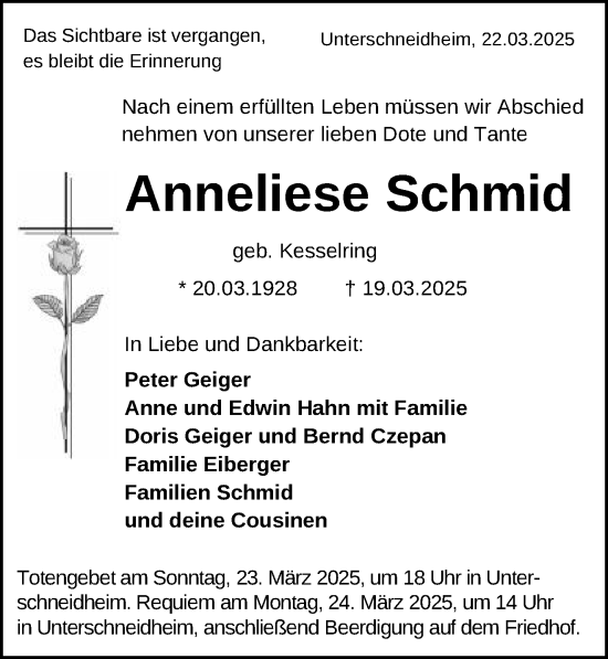 Traueranzeige von Anneliese Schmid von Schwäbische Post