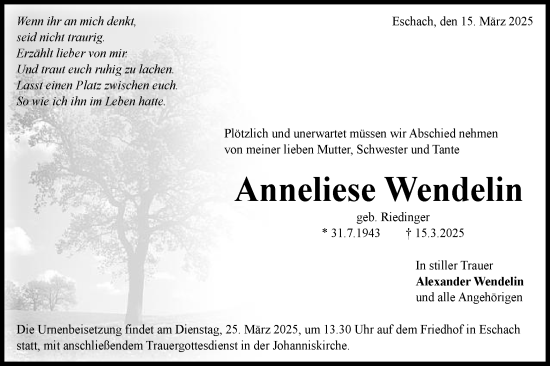Traueranzeige von Anneliese Wendelin von Gmünder Tagespost