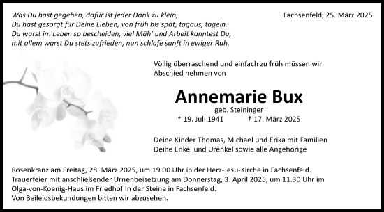 Traueranzeige von Annemarie Bux von Schwäbische Post