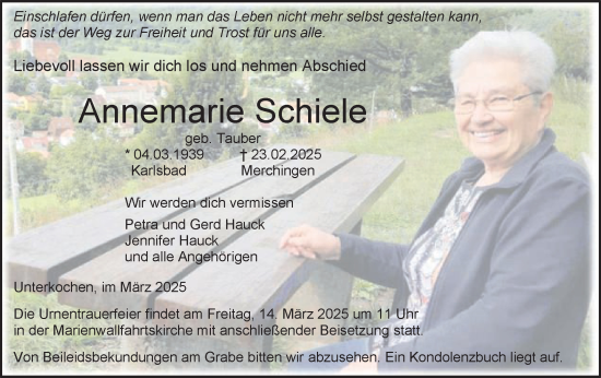 Traueranzeige von Annemarie Schiele von Schwäbische Post