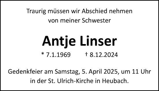 Traueranzeige von Antje Linser von Gmünder Tagespost