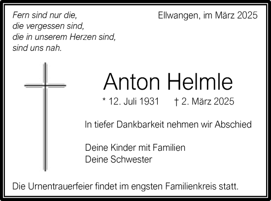 Traueranzeige von Anton Helmle von Schwäbische Post