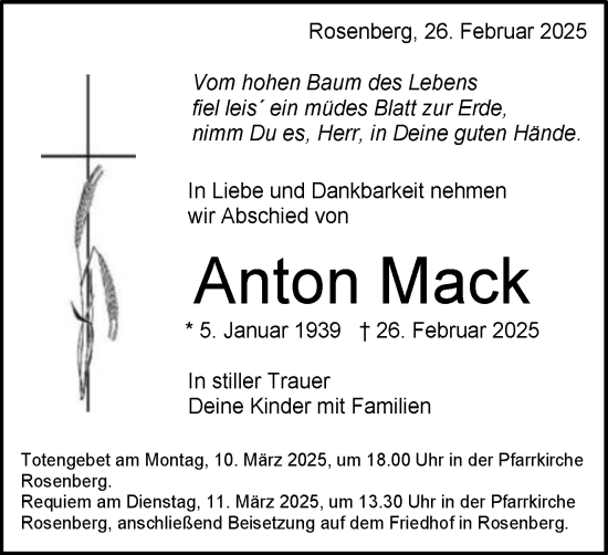 Traueranzeige von Anton Mack von Schwäbische Post
